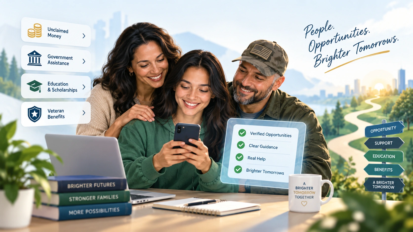 A family exploring money, education, assistance and veteran resources together